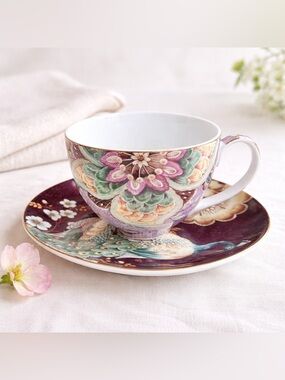 Grace Teaware Peacock Lotus Garden Pink 6oz Fine Porcelain Cup and Saucer Set